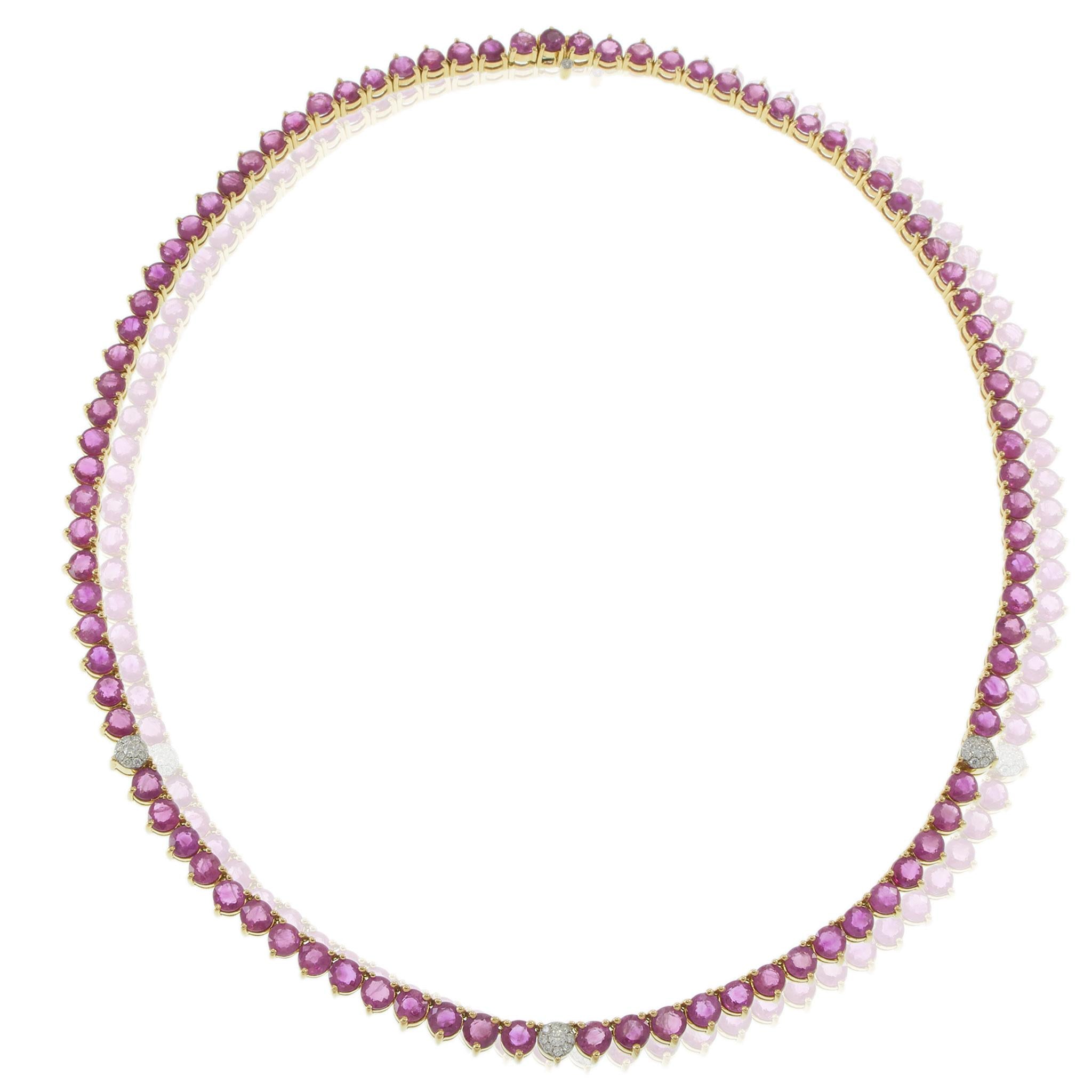 18KT Yellow Gold Ruby & Diamond Tennis Necklace – 26.77CTW