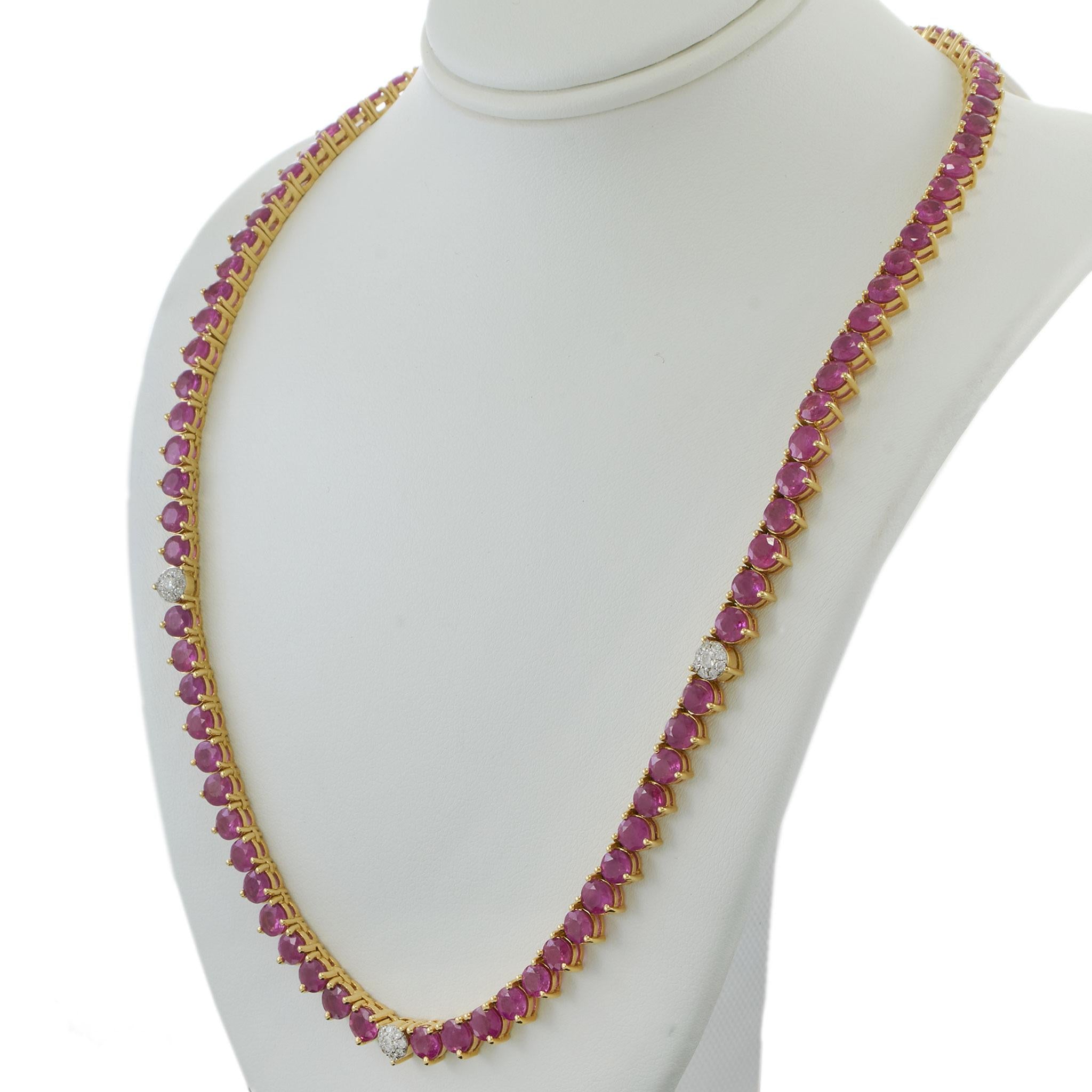 18KT Yellow Gold Ruby & Diamond Tennis Necklace – 26.77CTW