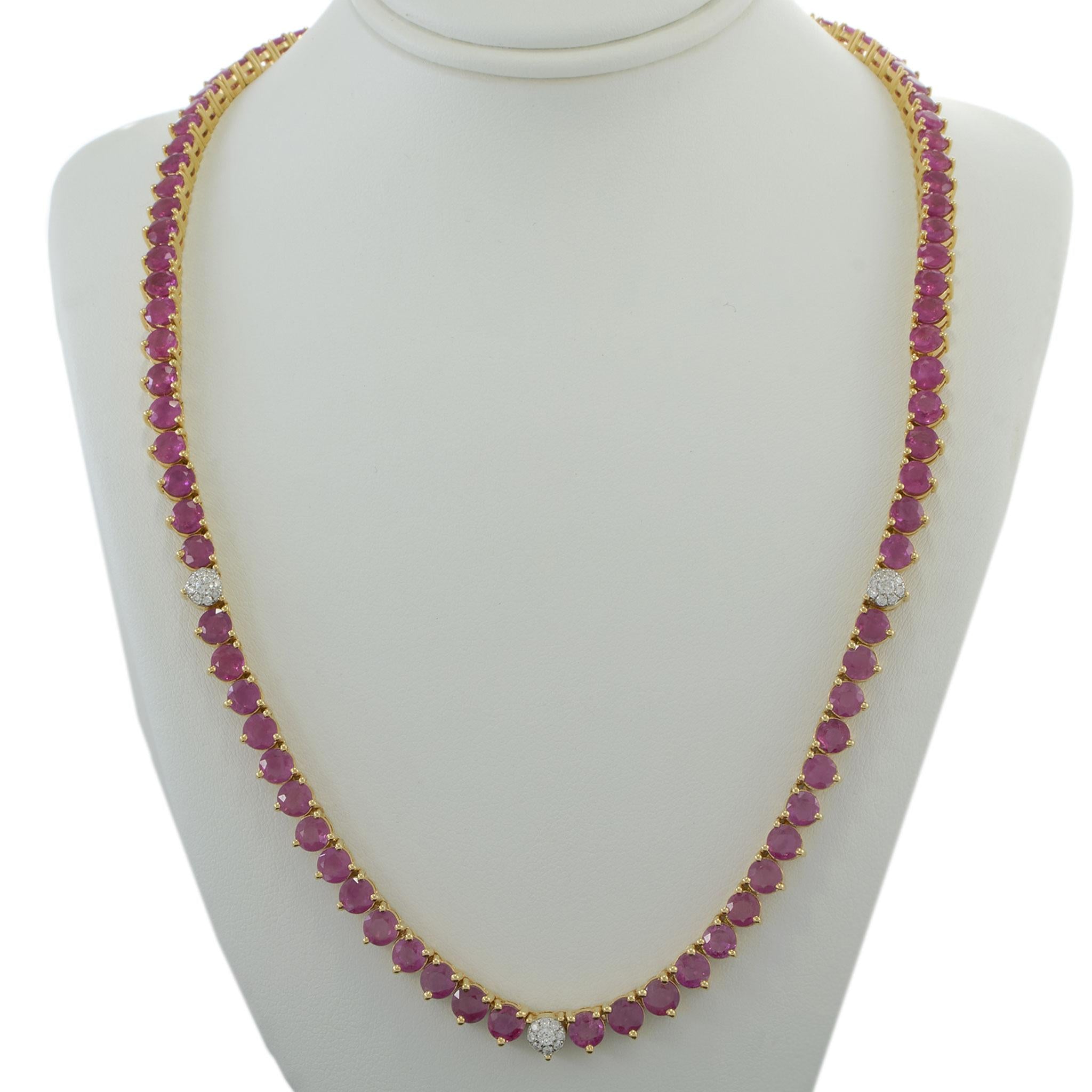18KT Yellow Gold Ruby & Diamond Tennis Necklace – 26.77CTW