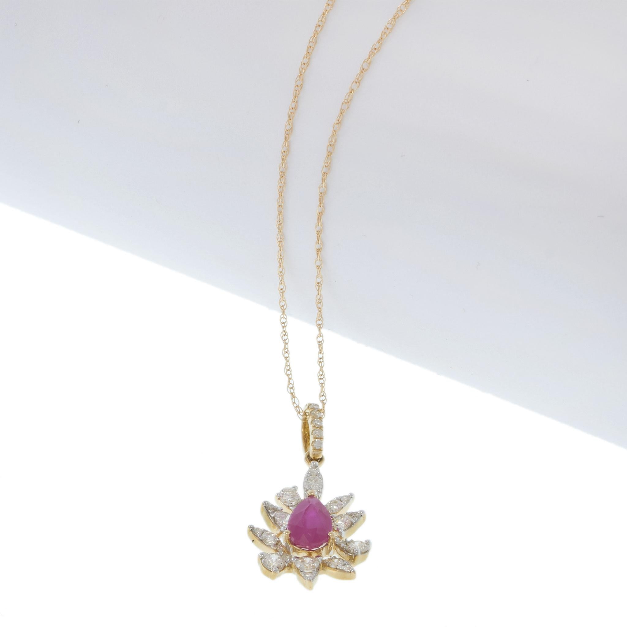 14KT Yellow Gold Pear Ruby and Diamond Starburst Drop Pendant Necklace