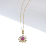 14KT Yellow Gold Pear Ruby and Diamond Starburst Drop Pendant Necklace