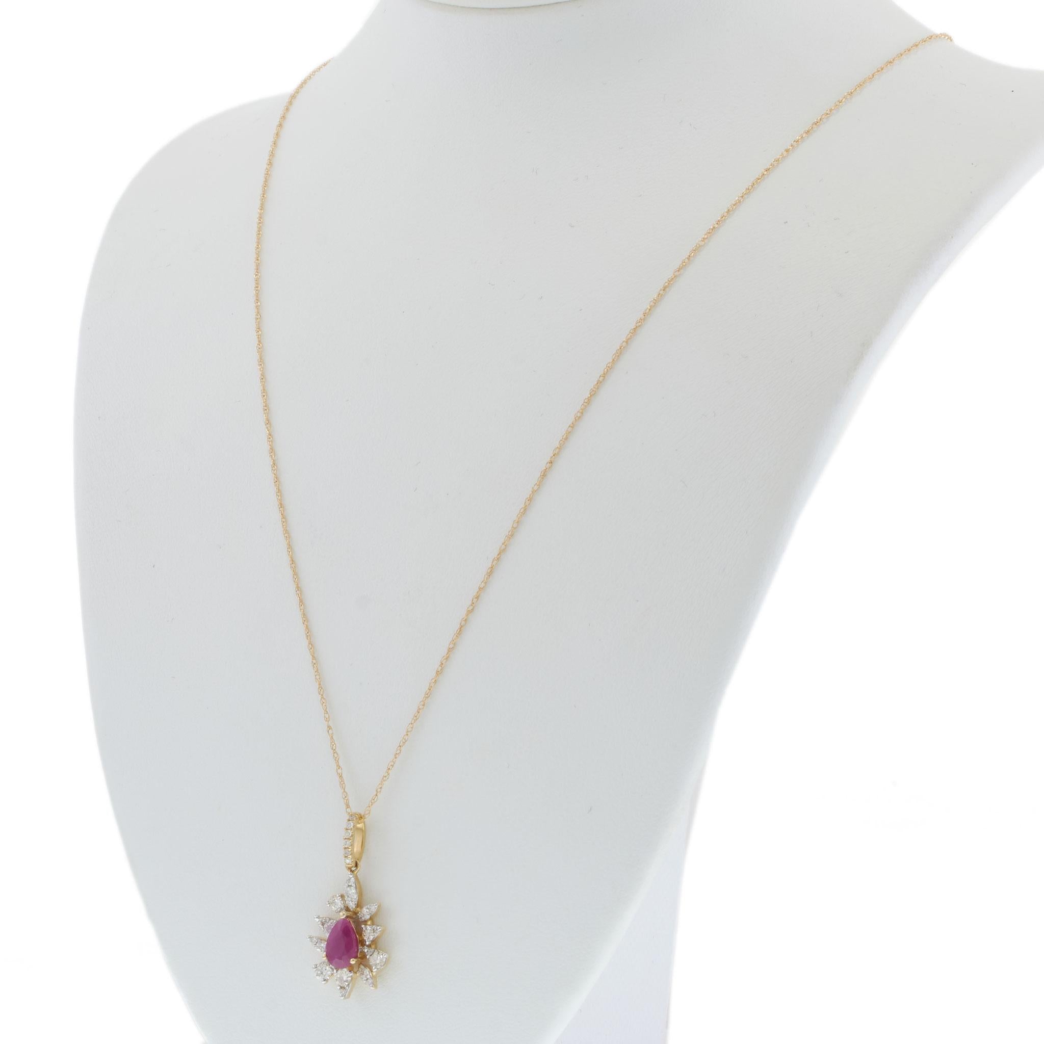 14KT Yellow Gold Pear Ruby and Diamond Starburst Drop Pendant Necklace