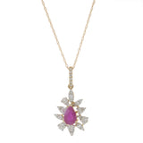14KT Yellow Gold Pear Ruby and Diamond Starburst Drop Pendant Necklace
