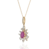 14KT Yellow Gold Pear Ruby and Diamond Starburst Drop Pendant Necklace