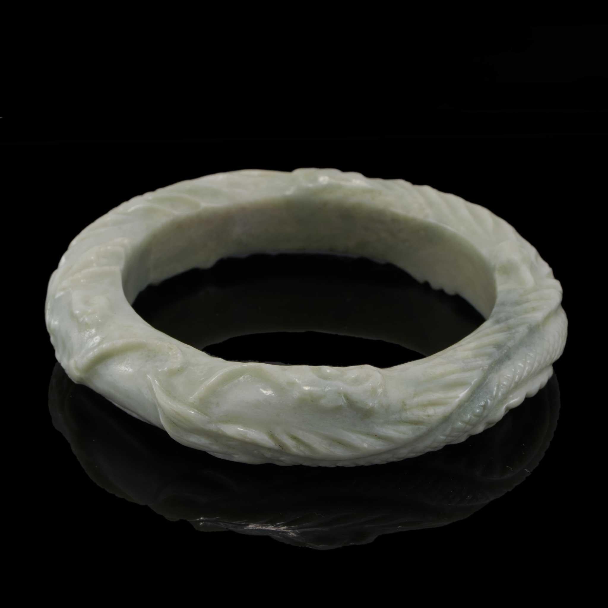 Vintage Light Green Jade 16mm Carved Bangle Bracelet