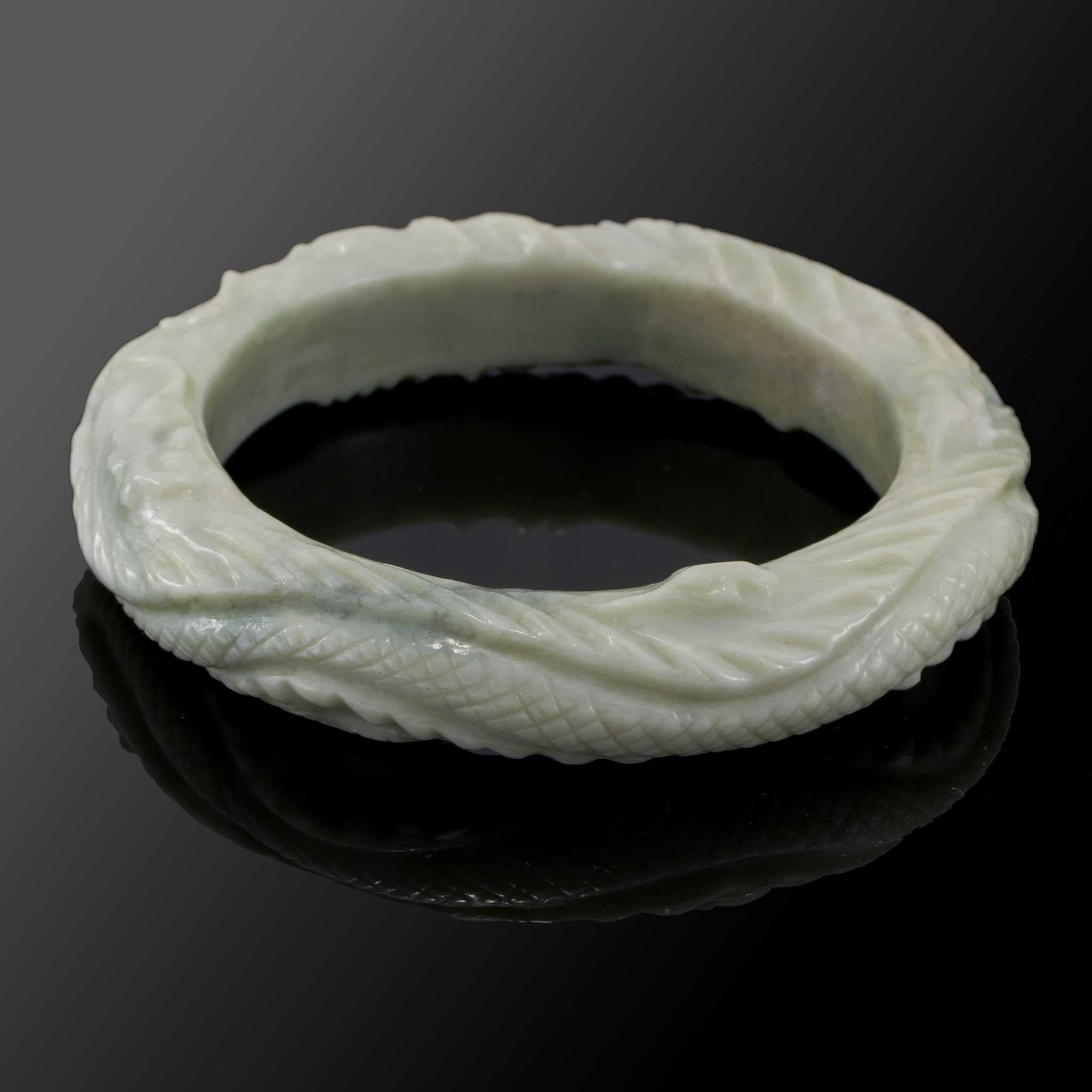 Vintage Light Green Jade 16mm Carved Bangle Bracelet