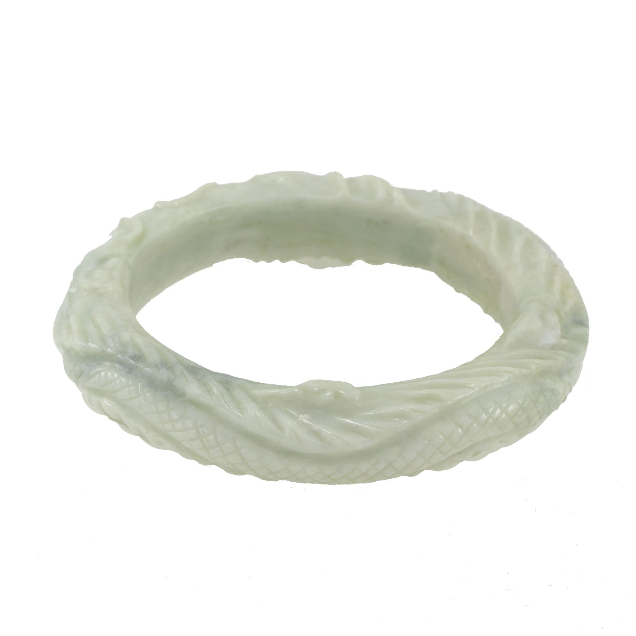 Vintage Light Green Jade 16mm Carved Bangle Bracelet