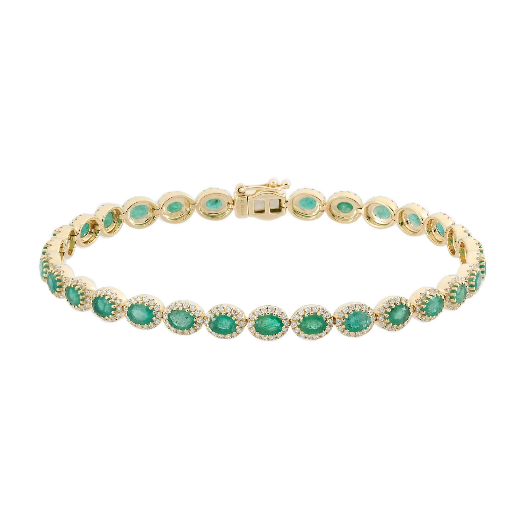 14KT Yellow Gold Oval-Cut Emerald and Diamond Tennis Bracelet