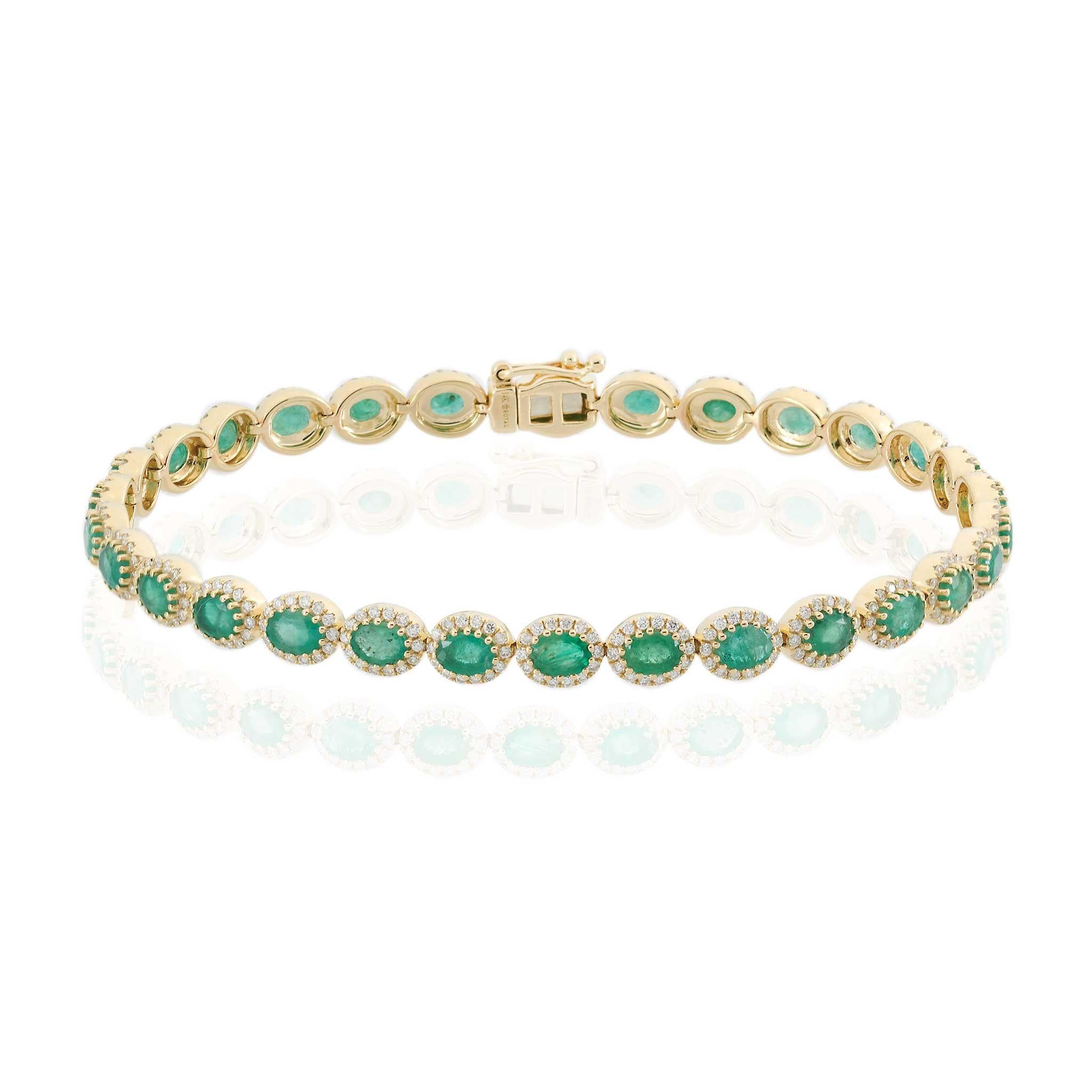 14KT Yellow Gold Oval-Cut Emerald and Diamond Tennis Bracelet