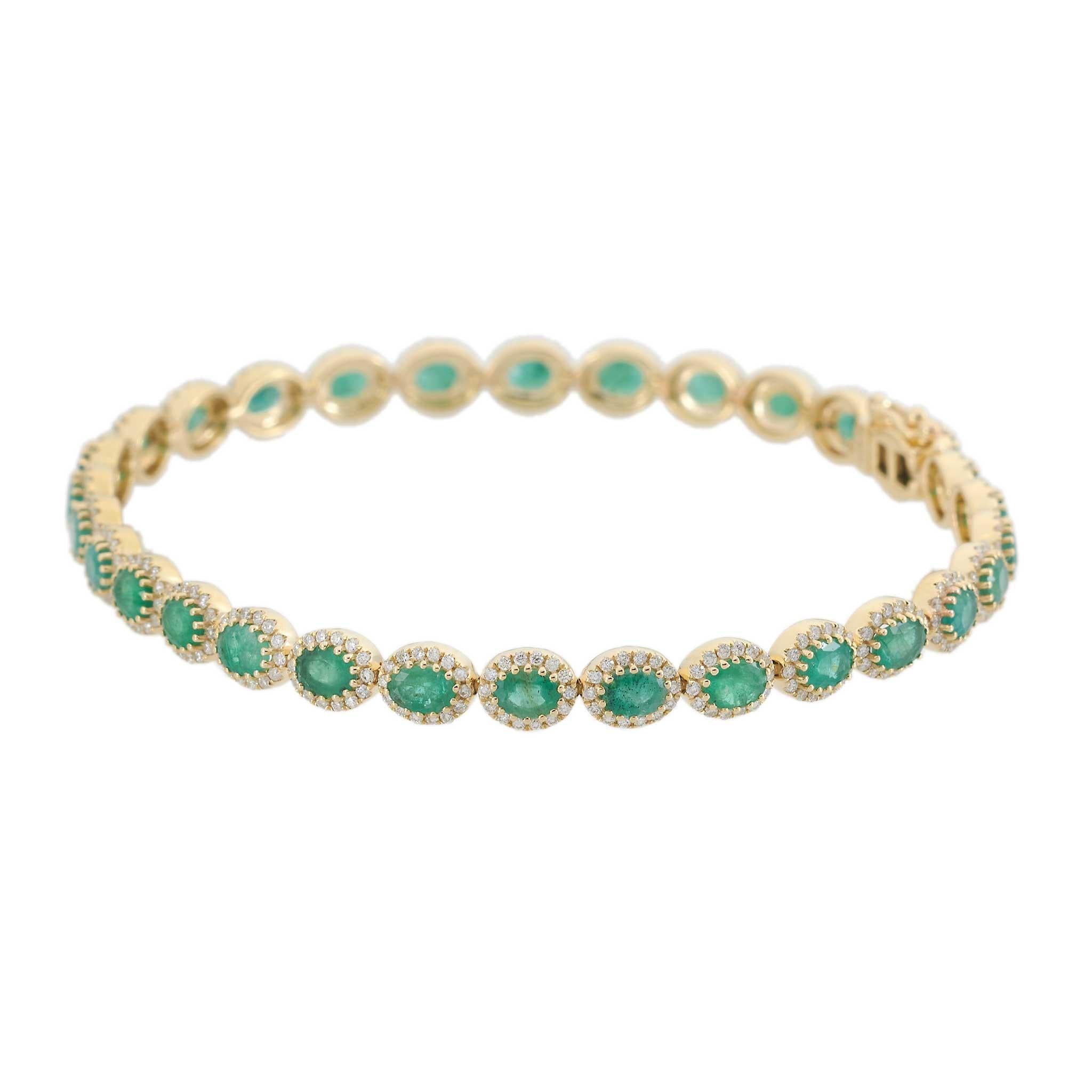 14KT Yellow Gold Oval-Cut Emerald and Diamond Tennis Bracelet