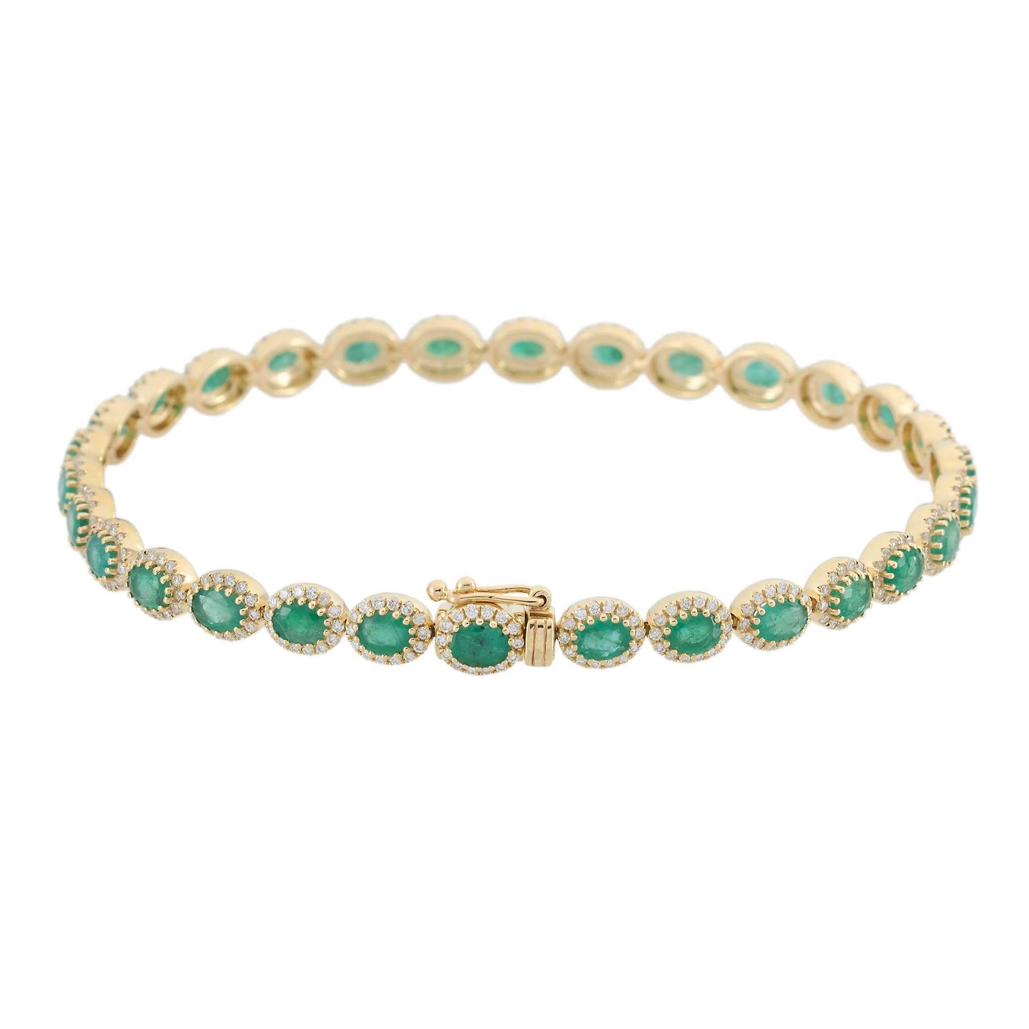 14KT Yellow Gold Oval-Cut Emerald and Diamond Tennis Bracelet