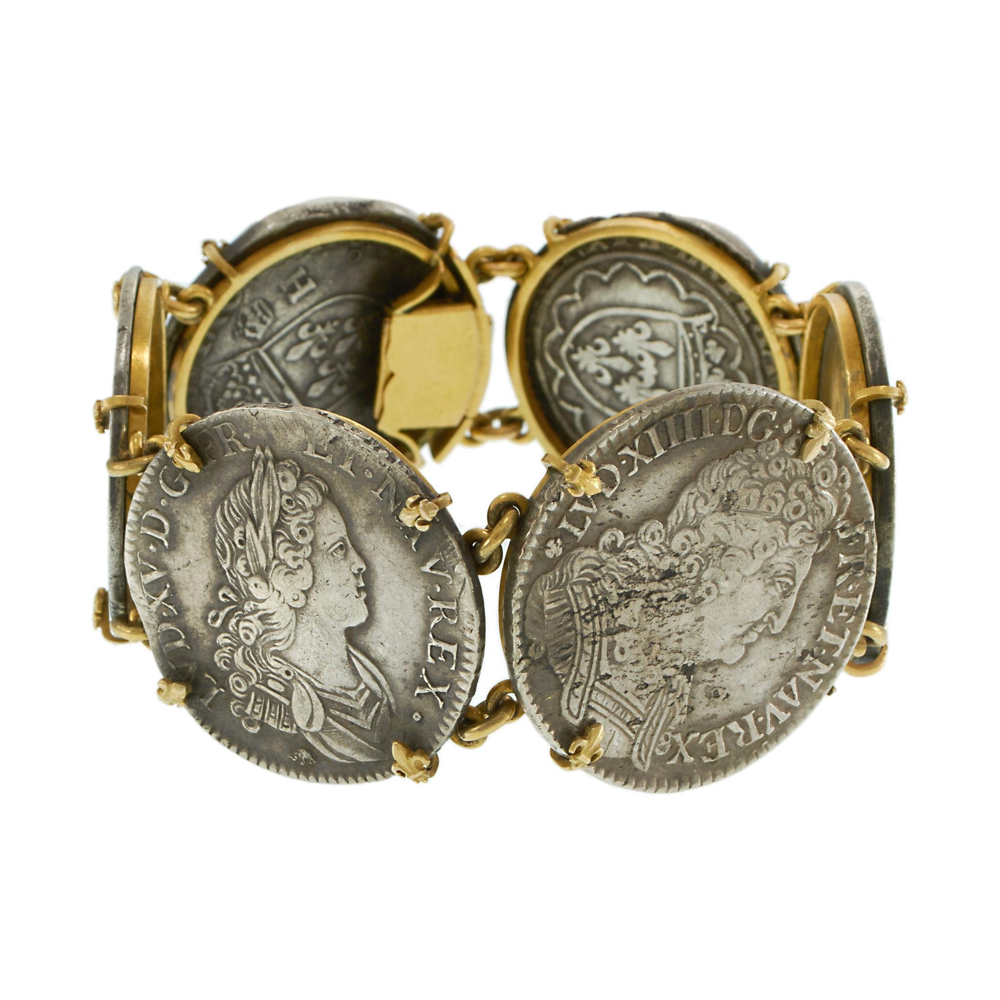 Antique French Louis XIV–XV Sterling Silver Coin Bracelet in 18KT Yellow Gold