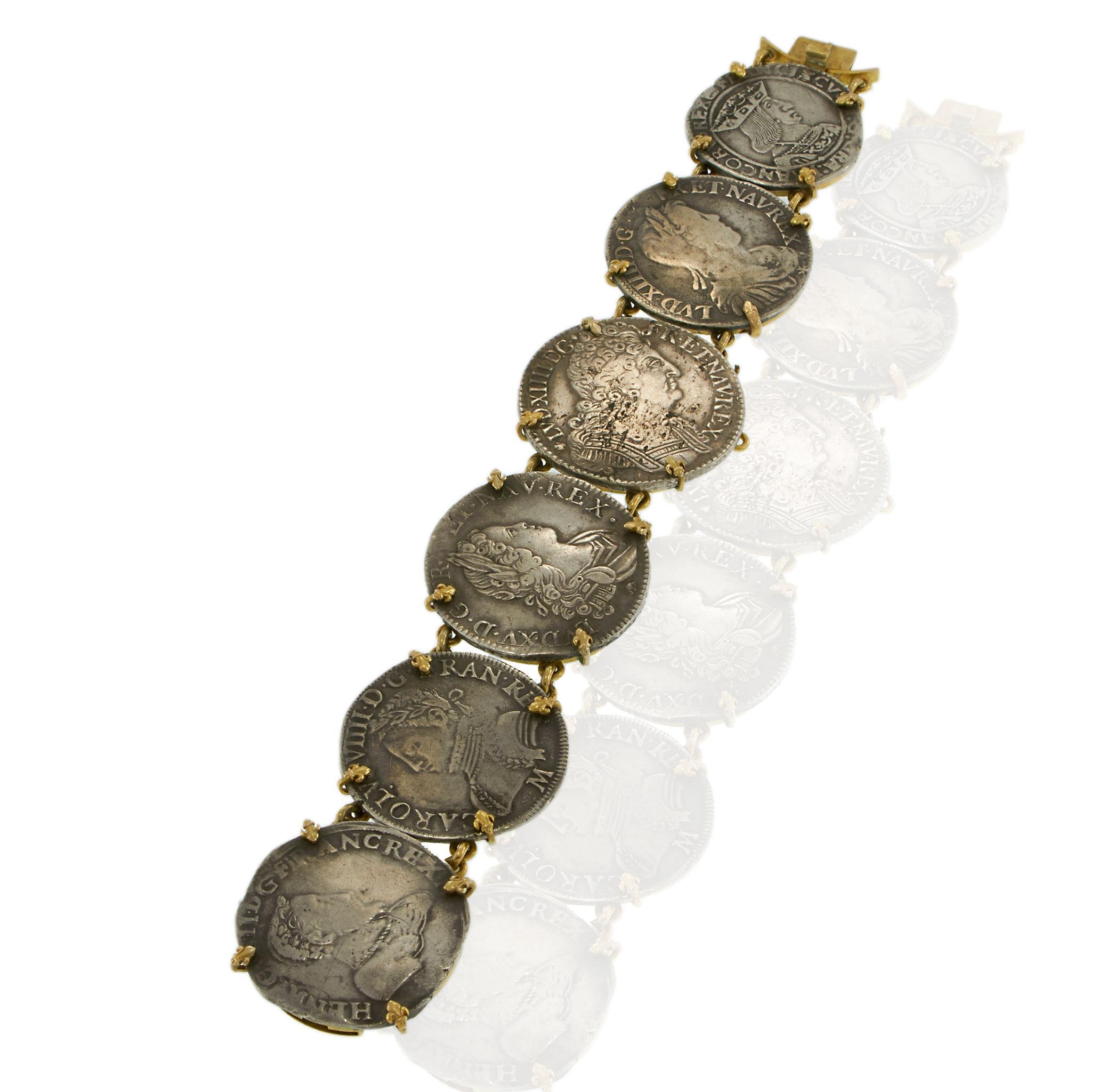 Antique French Louis XIV–XV Sterling Silver Coin Bracelet in 18KT Yellow Gold