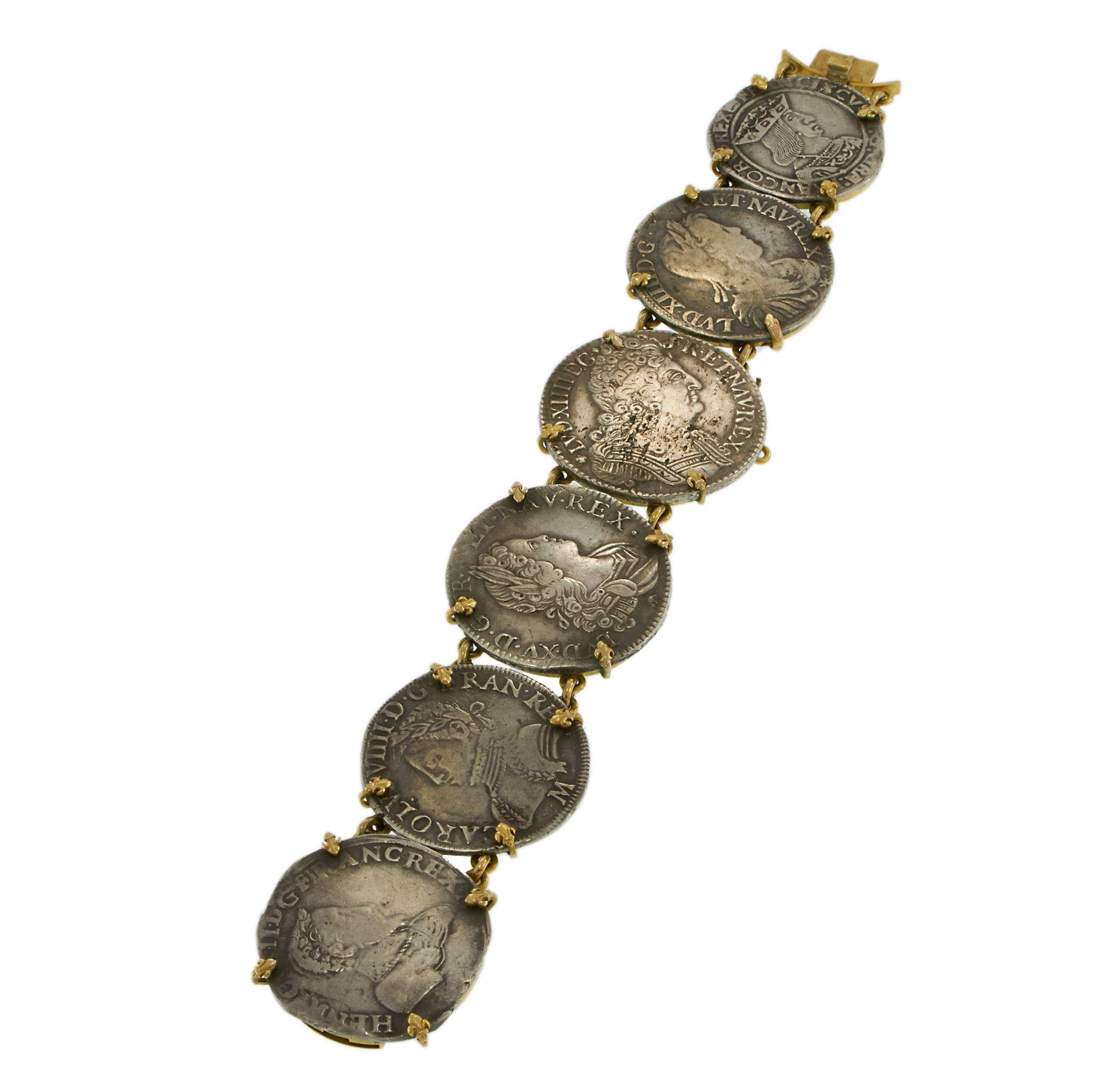 Antique French Louis XIV–XV Sterling Silver Coin Bracelet in 18KT Yellow Gold