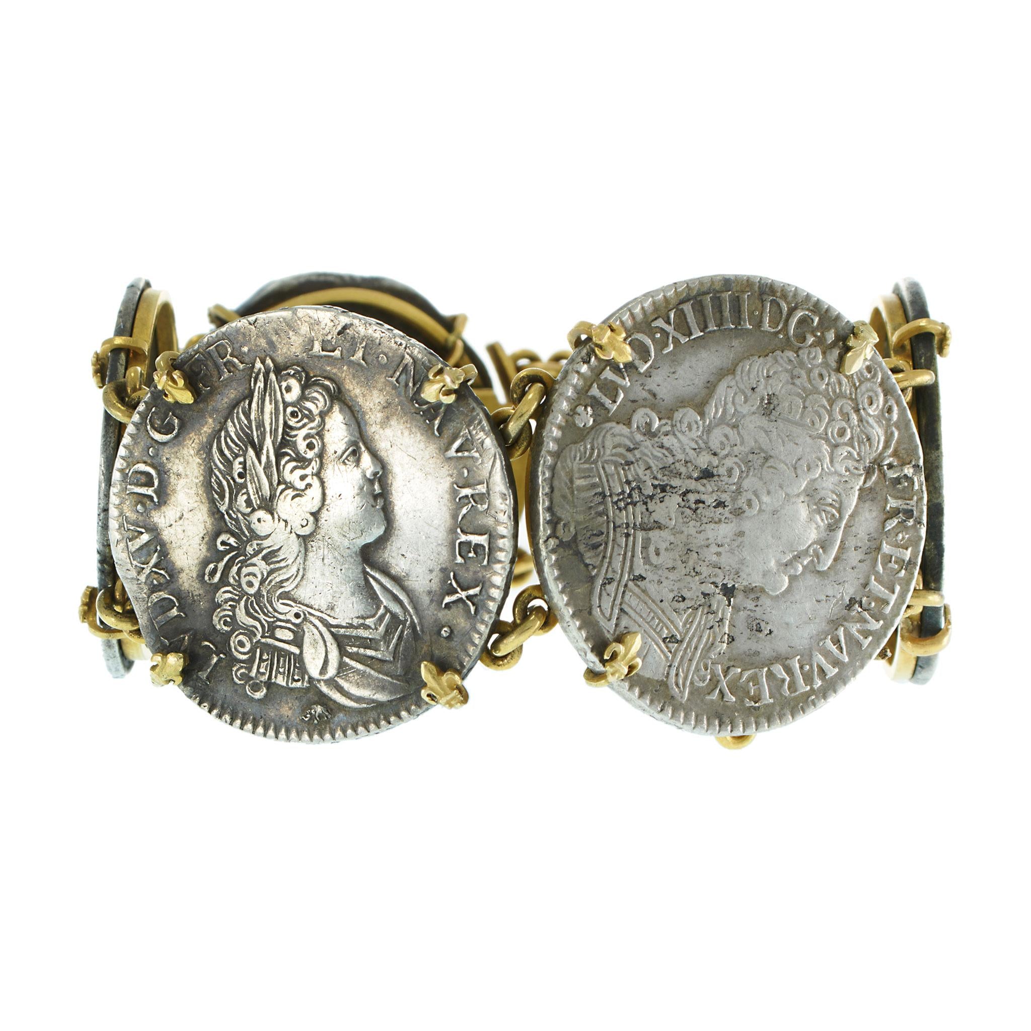 Antique French Louis XIV–XV Sterling Silver Coin Bracelet in 18KT Yellow Gold