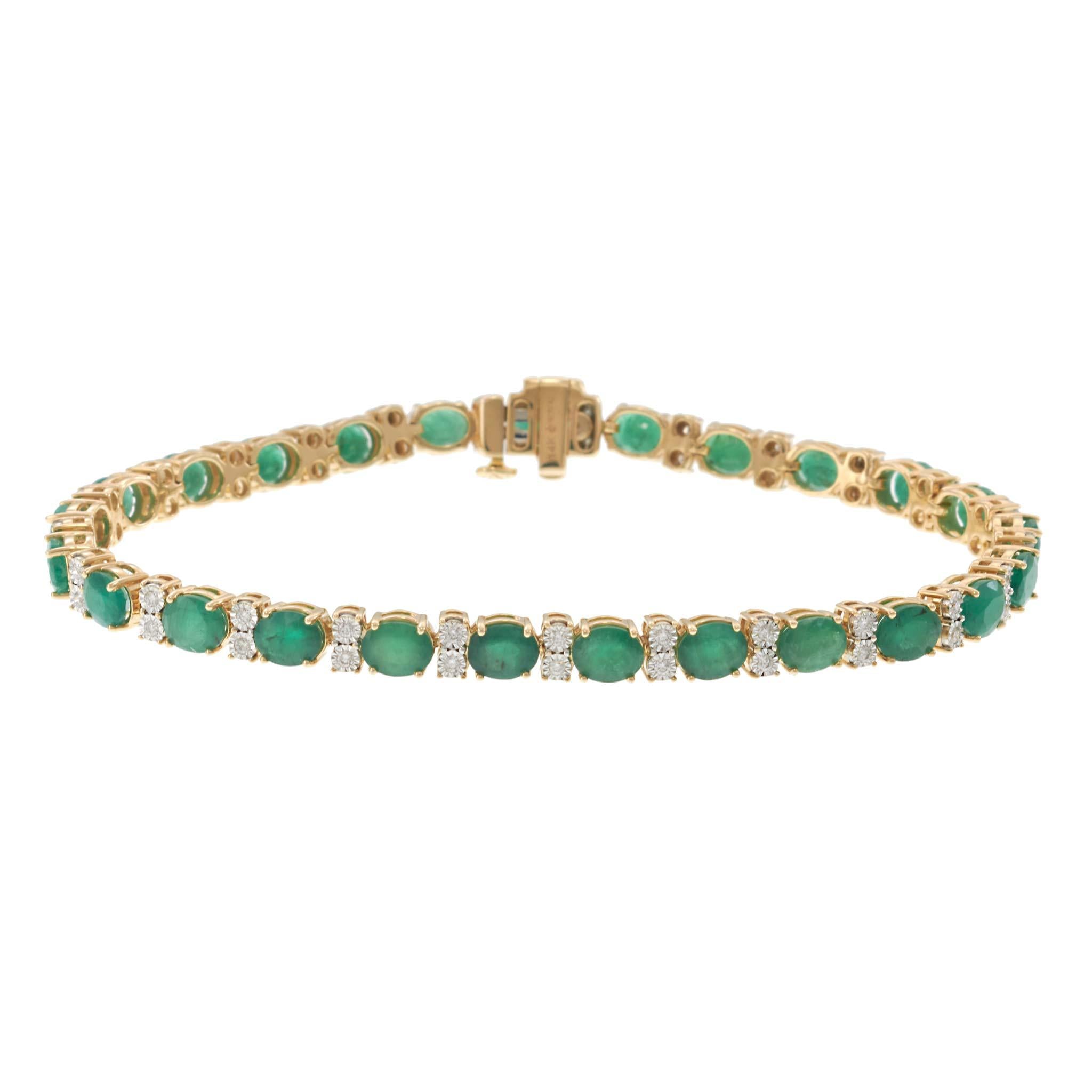 14KT Yellow Gold Oval Alternating Emerald & Diamond Tennis Bracelet