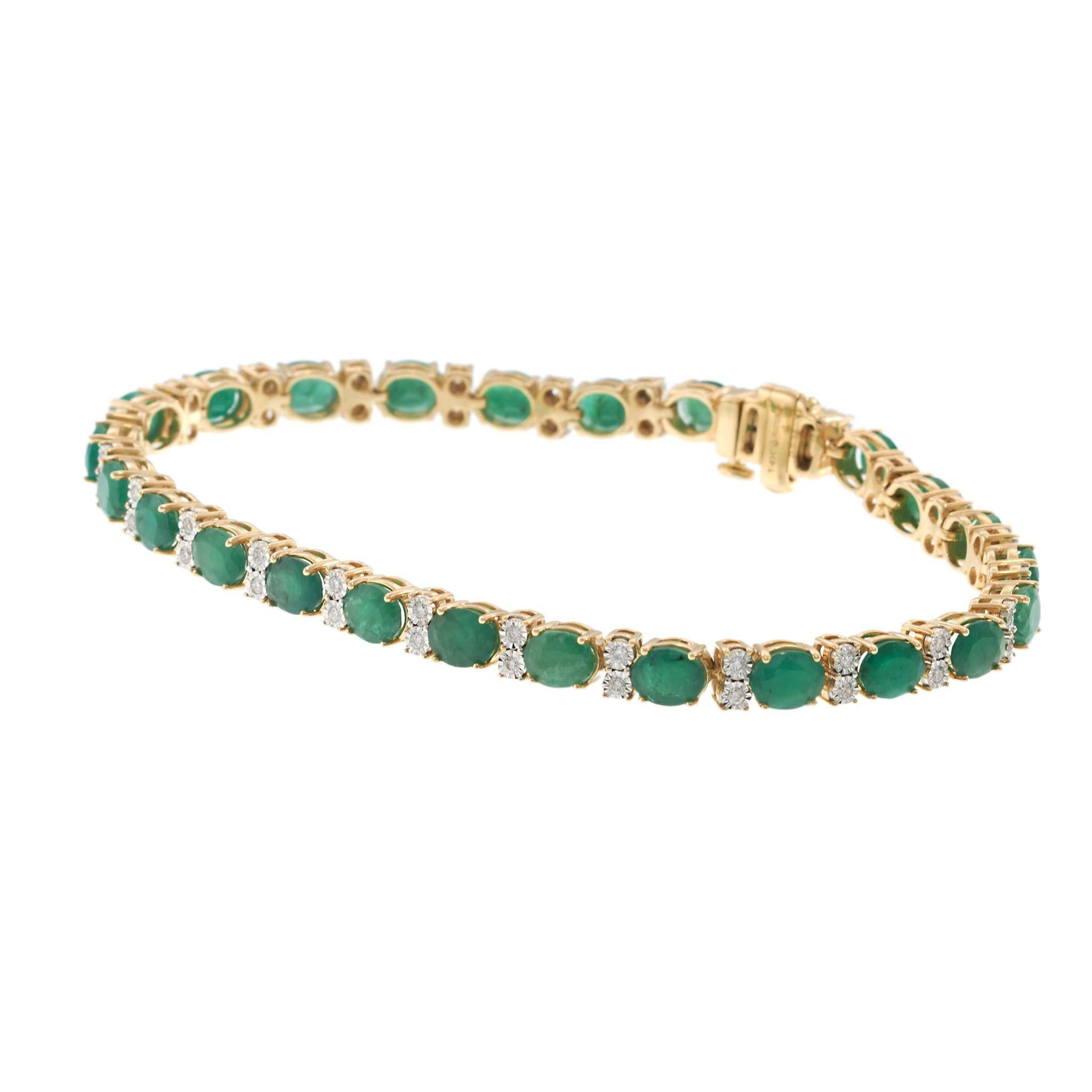 14KT Yellow Gold Oval Alternating Emerald & Diamond Tennis Bracelet
