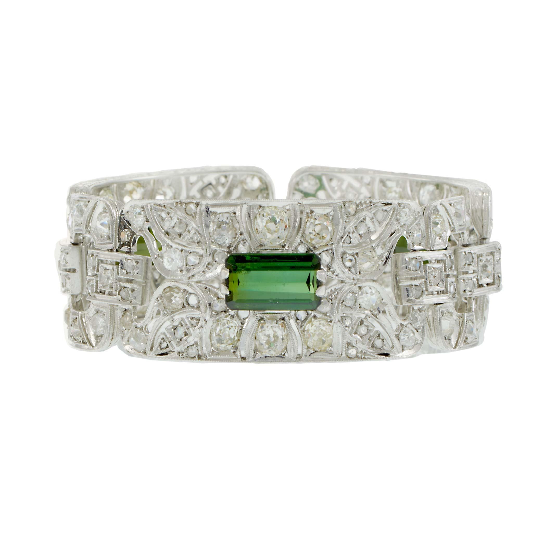 Vintage Art Deco Platinum Green Tourmaline & Old Mine Cut Diamond Bracelet
