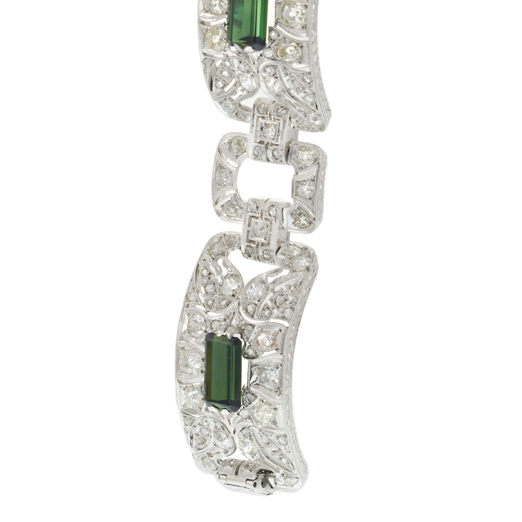 Vintage Art Deco Platinum Green Tourmaline & Old Mine Cut Diamond Bracelet