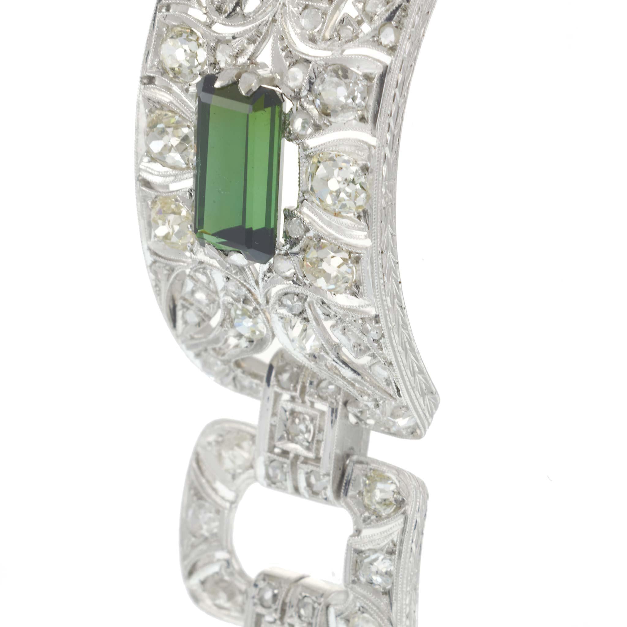 Vintage Art Deco Platinum Green Tourmaline & Old Mine Cut Diamond Bracelet