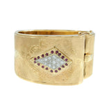 Vintage Retro Era 14KT Yellow Gold Ruby and Diamond Buckle Cuff Bracelet