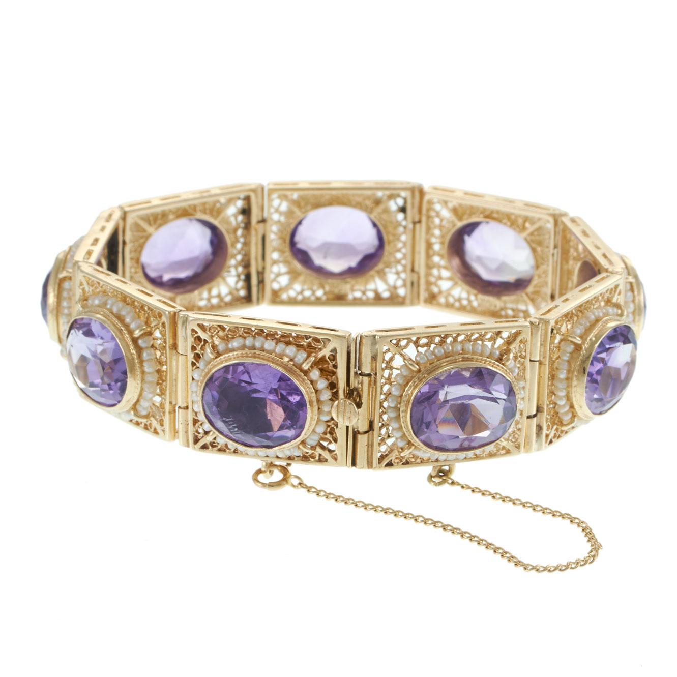 14KT Yellow Gold Edwardian Amethyst and Seed Pearl Filigree Panel Bracelet