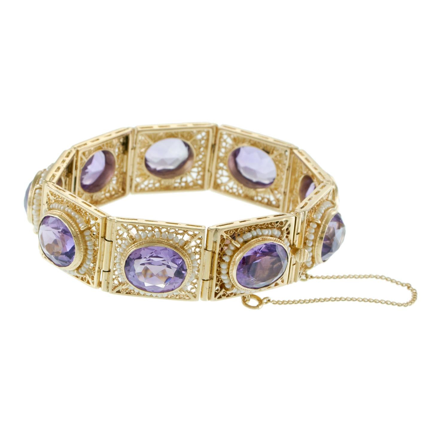 14KT Yellow Gold Edwardian Amethyst and Seed Pearl Filigree Panel Bracelet