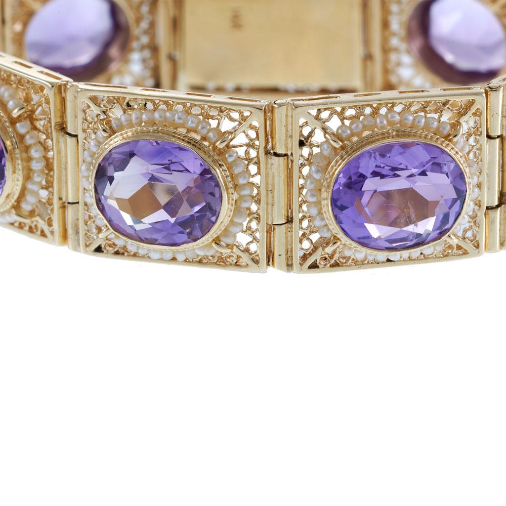 14KT Yellow Gold Edwardian Amethyst and Seed Pearl Filigree Panel Bracelet