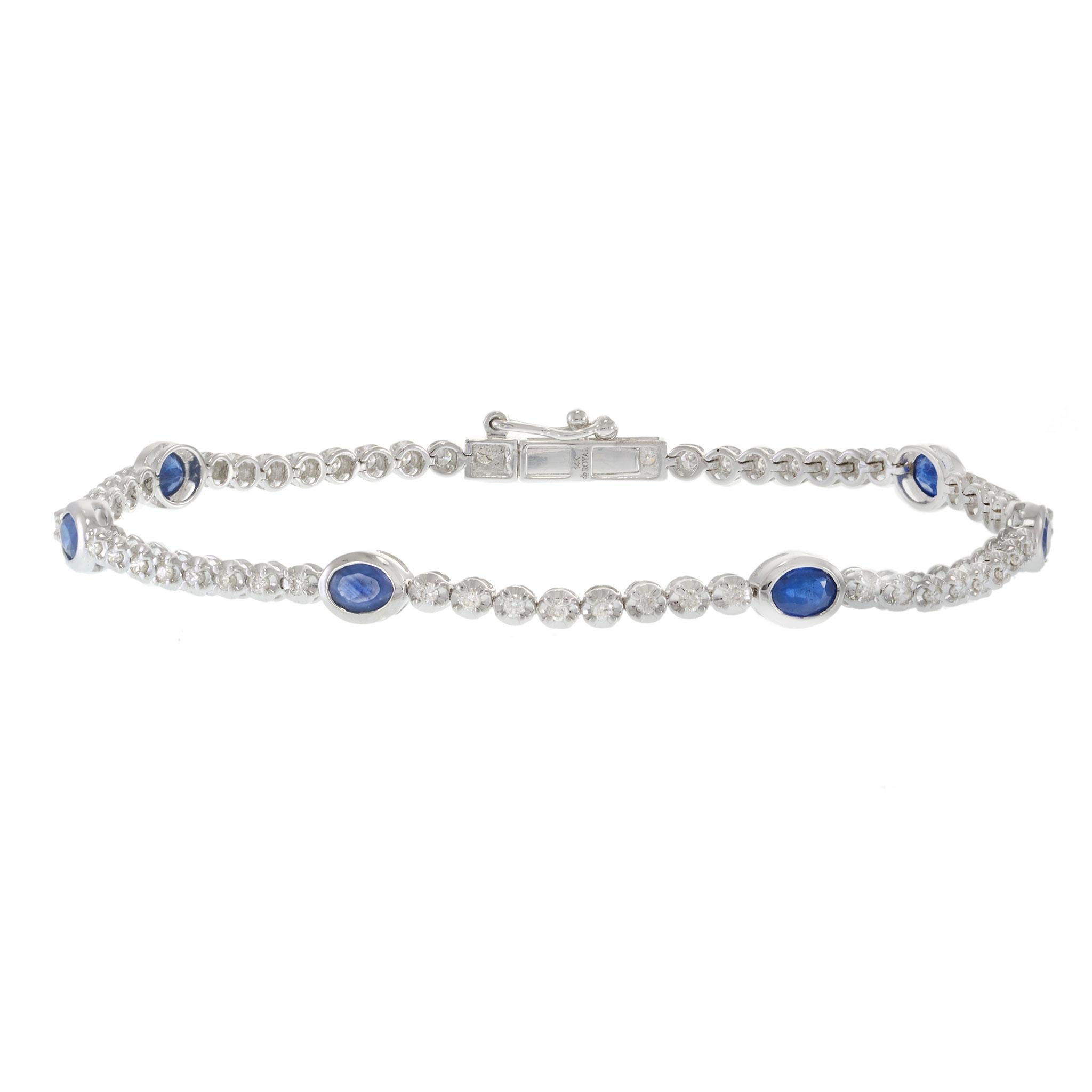 14KT White Gold Bezel-Set Oval Sapphire and Round Diamond Tennis Bracelet