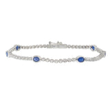 14KT White Gold Bezel-Set Oval Sapphire and Round Diamond Tennis Bracelet