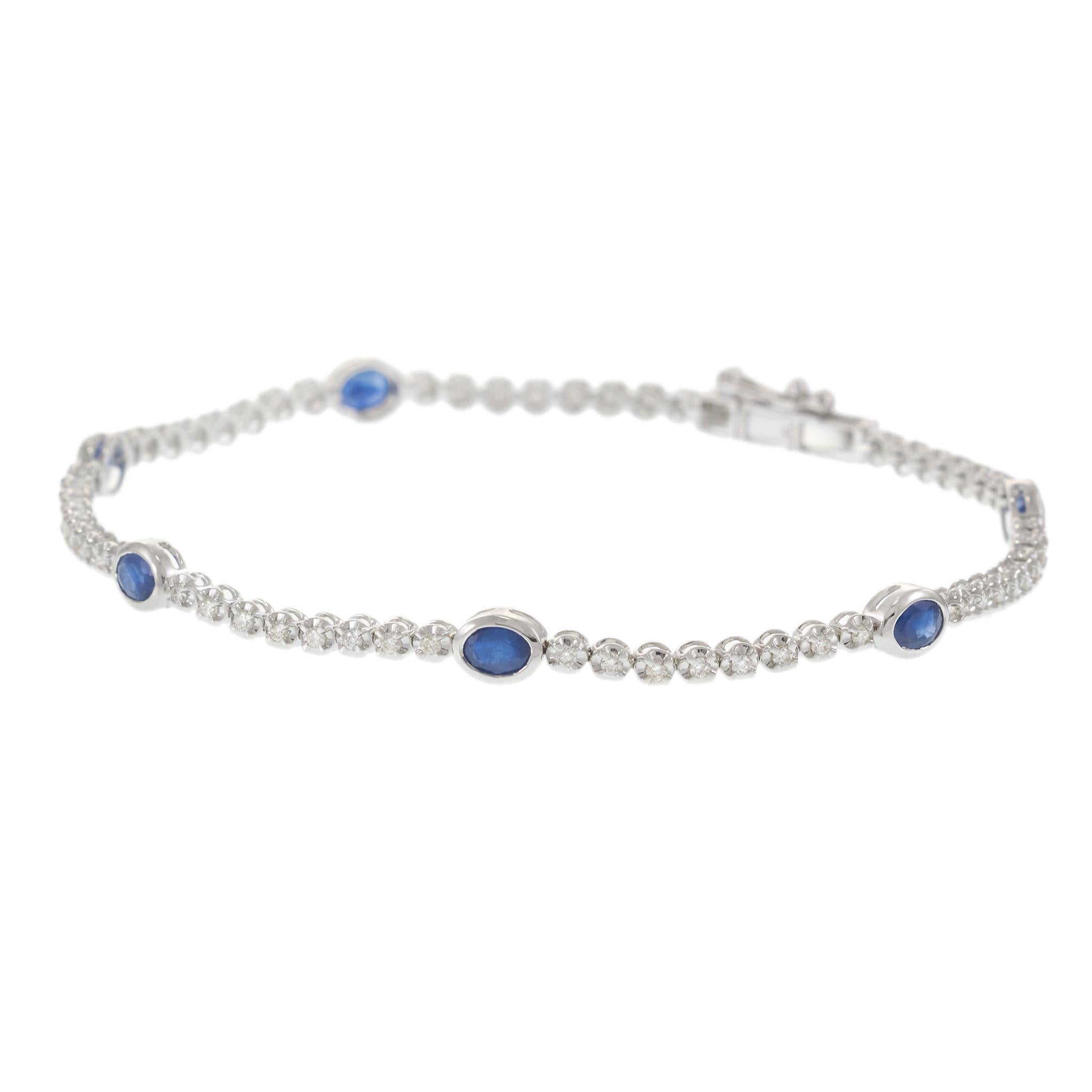 14KT White Gold Bezel-Set Oval Sapphire and Round Diamond Tennis Bracelet