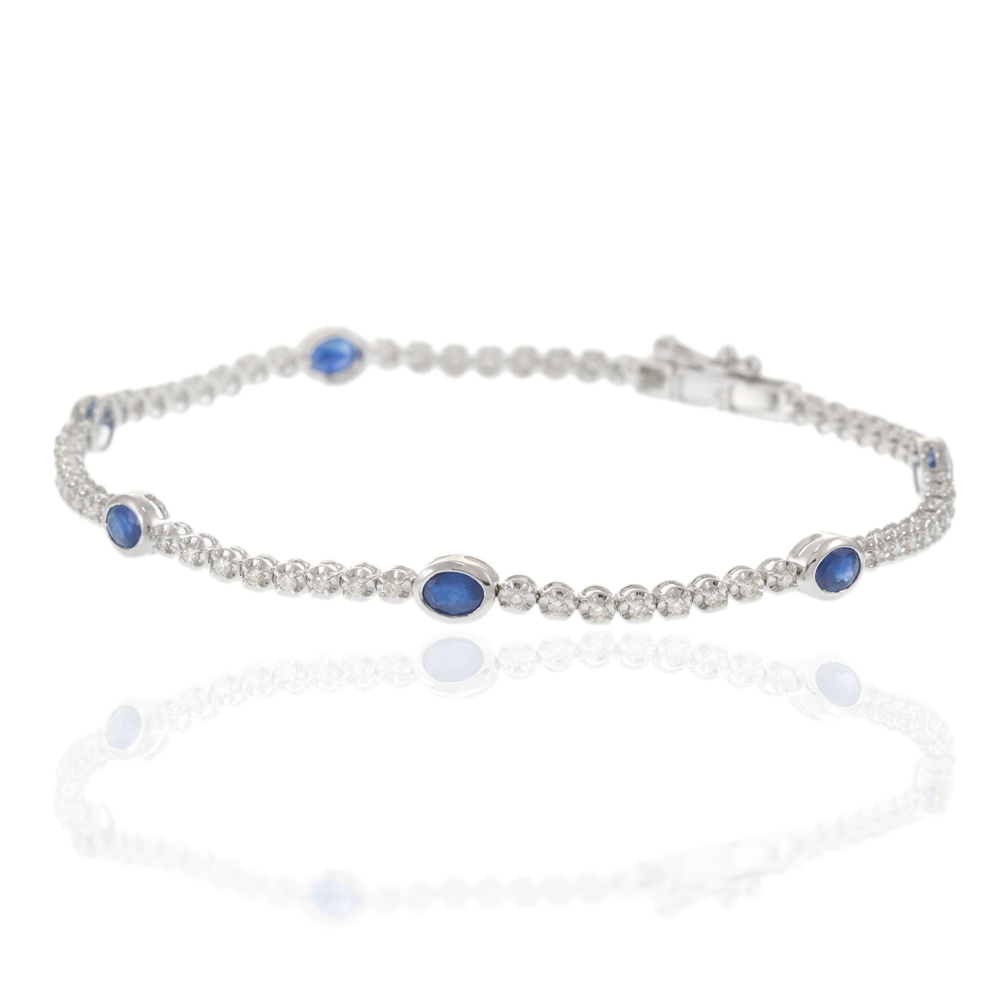 14KT White Gold Bezel-Set Oval Sapphire and Round Diamond Tennis Bracelet