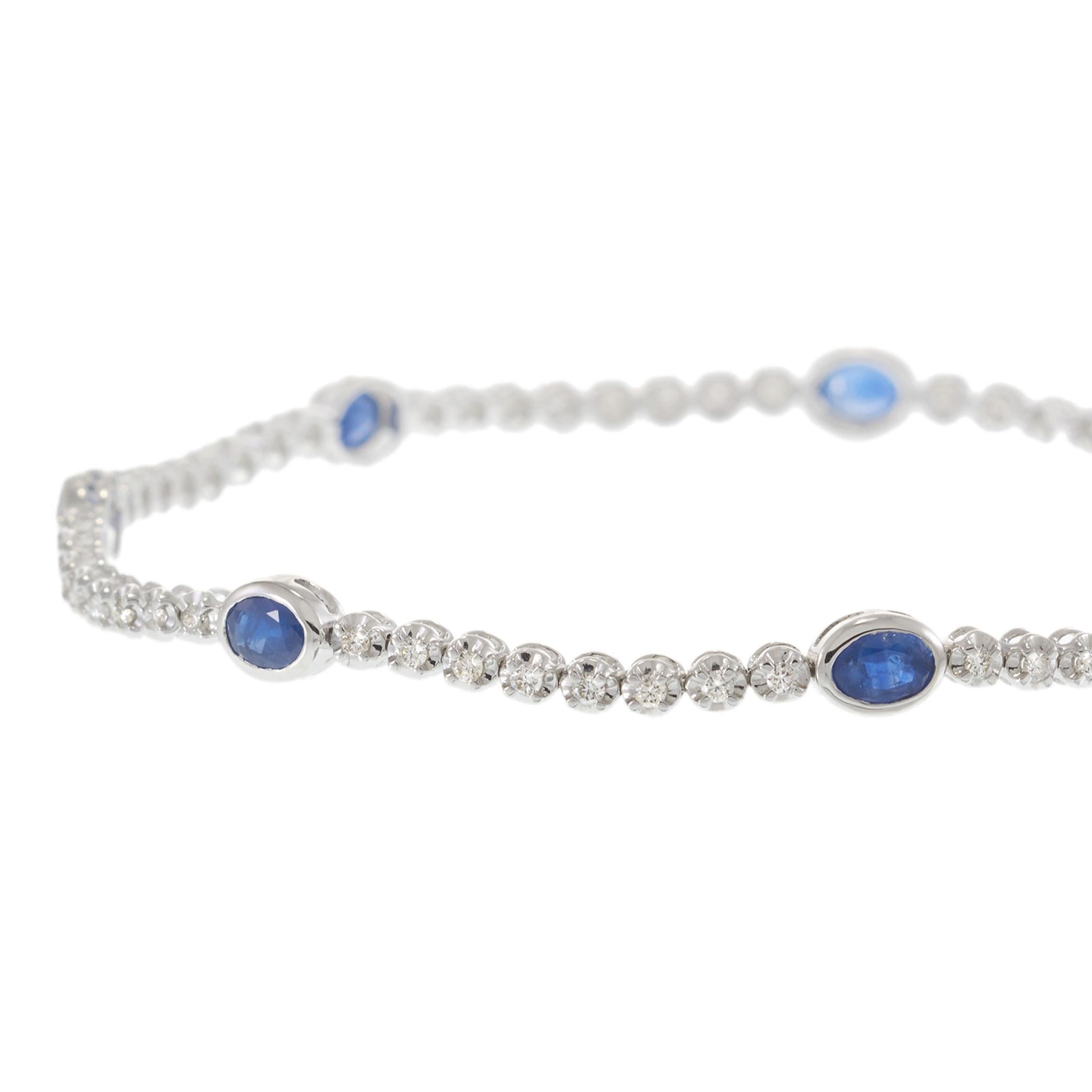 14KT White Gold Bezel-Set Oval Sapphire and Round Diamond Tennis Bracelet