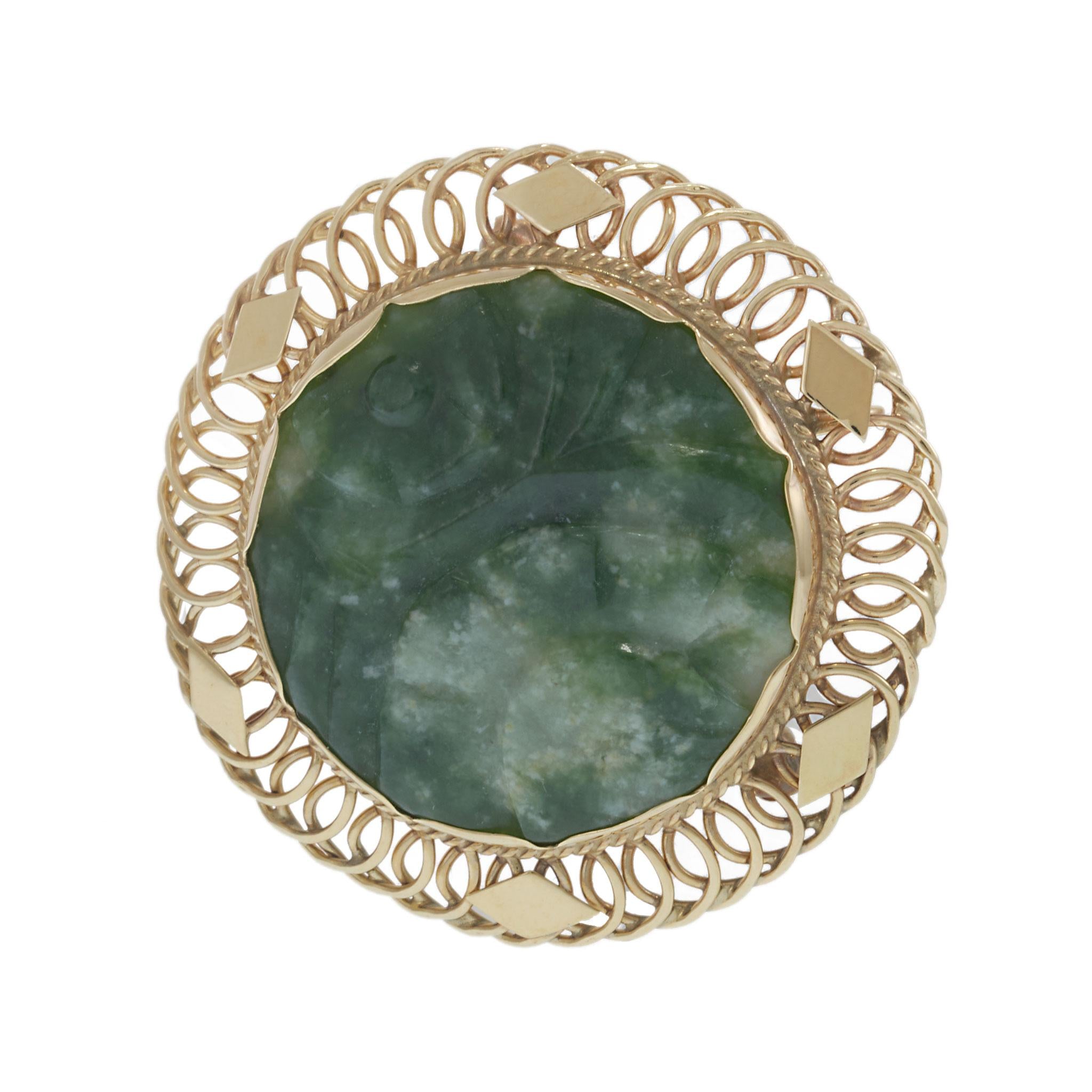 Vintage 14KT Gold Spinach Jade Carved Brooch Pendant