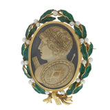 Victorian 18KT Gold Agate Cameo Brooch with Enamel and Pearls