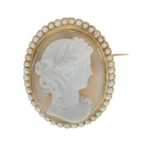Antique 18KT Gold White Agate Cameo Brooch with Seed Pearls