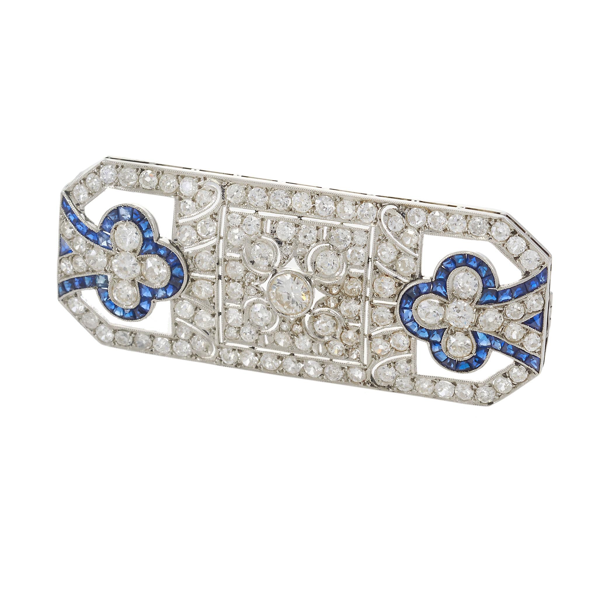 Vintage Art Deco Era Platinum Sapphire & Diamond Brooch