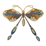Vintage Art Nouveau 18KT Yellow Gold Butterfly Brooch with Diamonds and Enamel