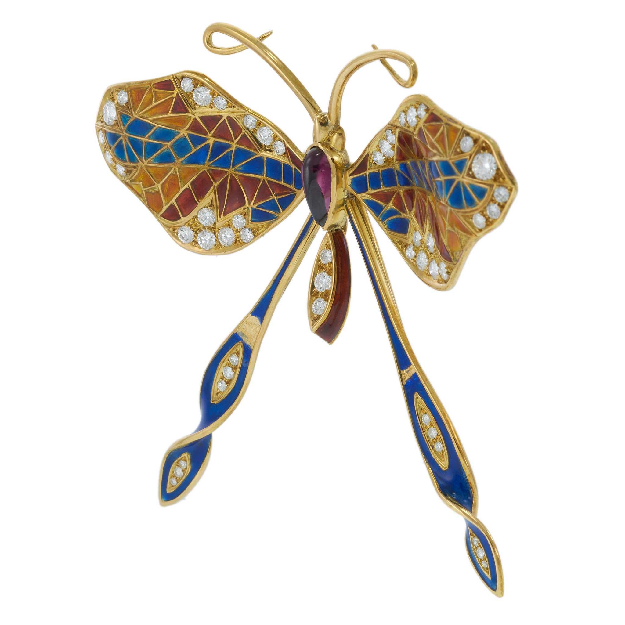 Vintage Art Nouveau 18KT Yellow Gold Butterfly Brooch with Diamonds and Enamel