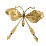 Vintage Art Nouveau 18KT Yellow Gold Butterfly Brooch with Diamonds and Enamel
