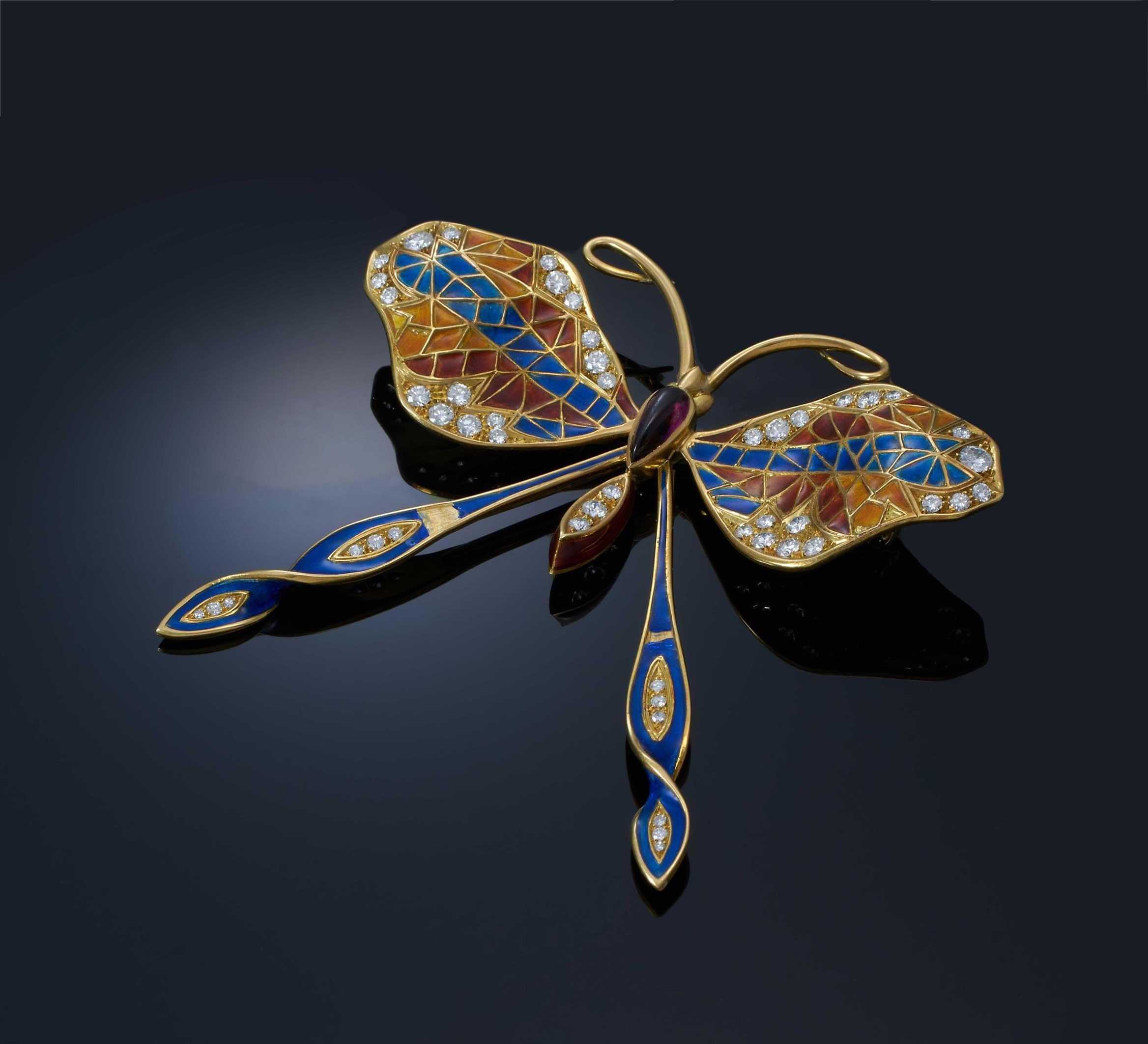 Vintage Art Nouveau 18KT Yellow Gold Butterfly Brooch with Diamonds and Enamel