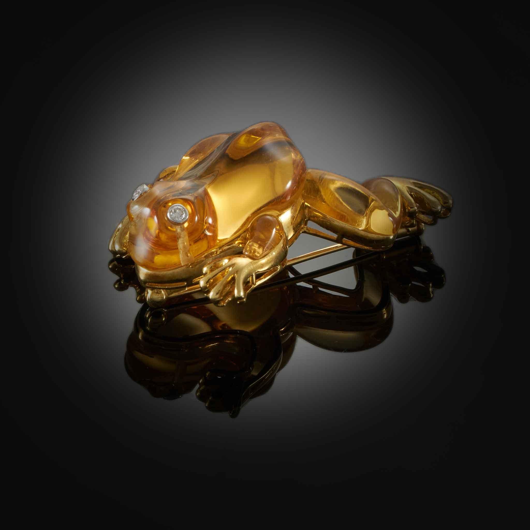 18KT Yellow Gold Hand Carved Citrine Frog Brooch with Diamond Eyes