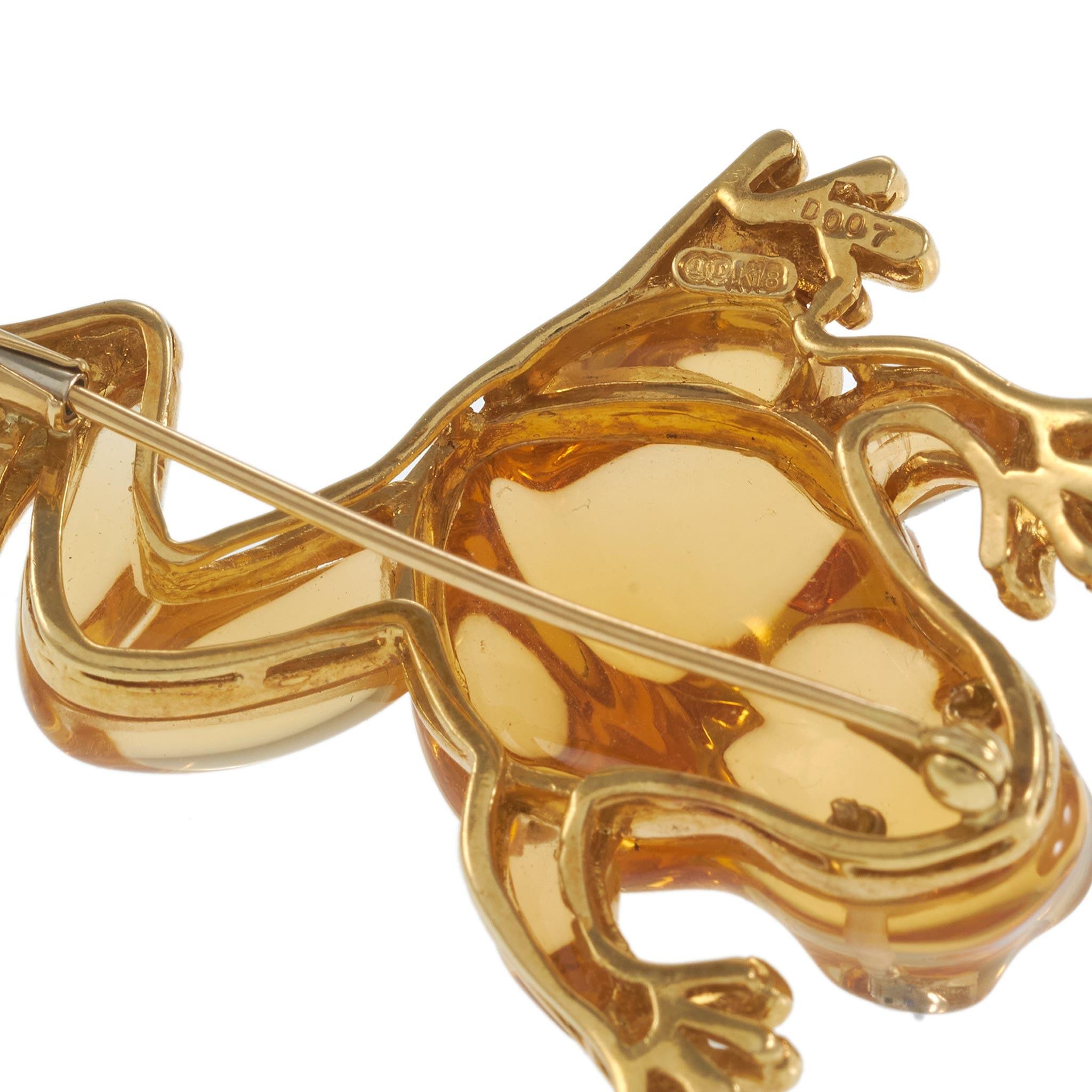 18KT Yellow Gold Hand Carved Citrine Frog Brooch with Diamond Eyes
