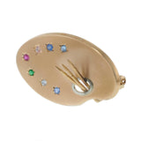 Vintage Retro Era 18KT Rose Gold Painter’s Brush & Palette Brooch with Color Gem