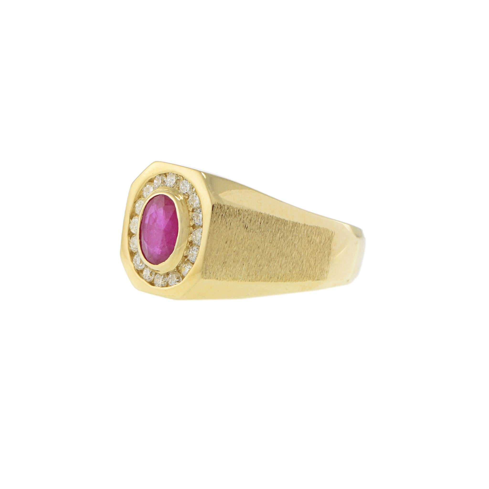 14KT Yellow Gold Oval Ruby and Diamond Satin Finish Men’s Ring