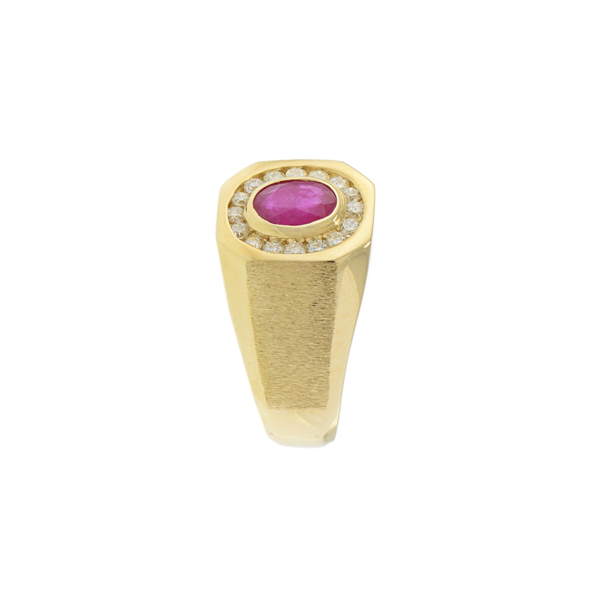 14KT Yellow Gold Oval Ruby and Diamond Satin Finish Men’s Ring