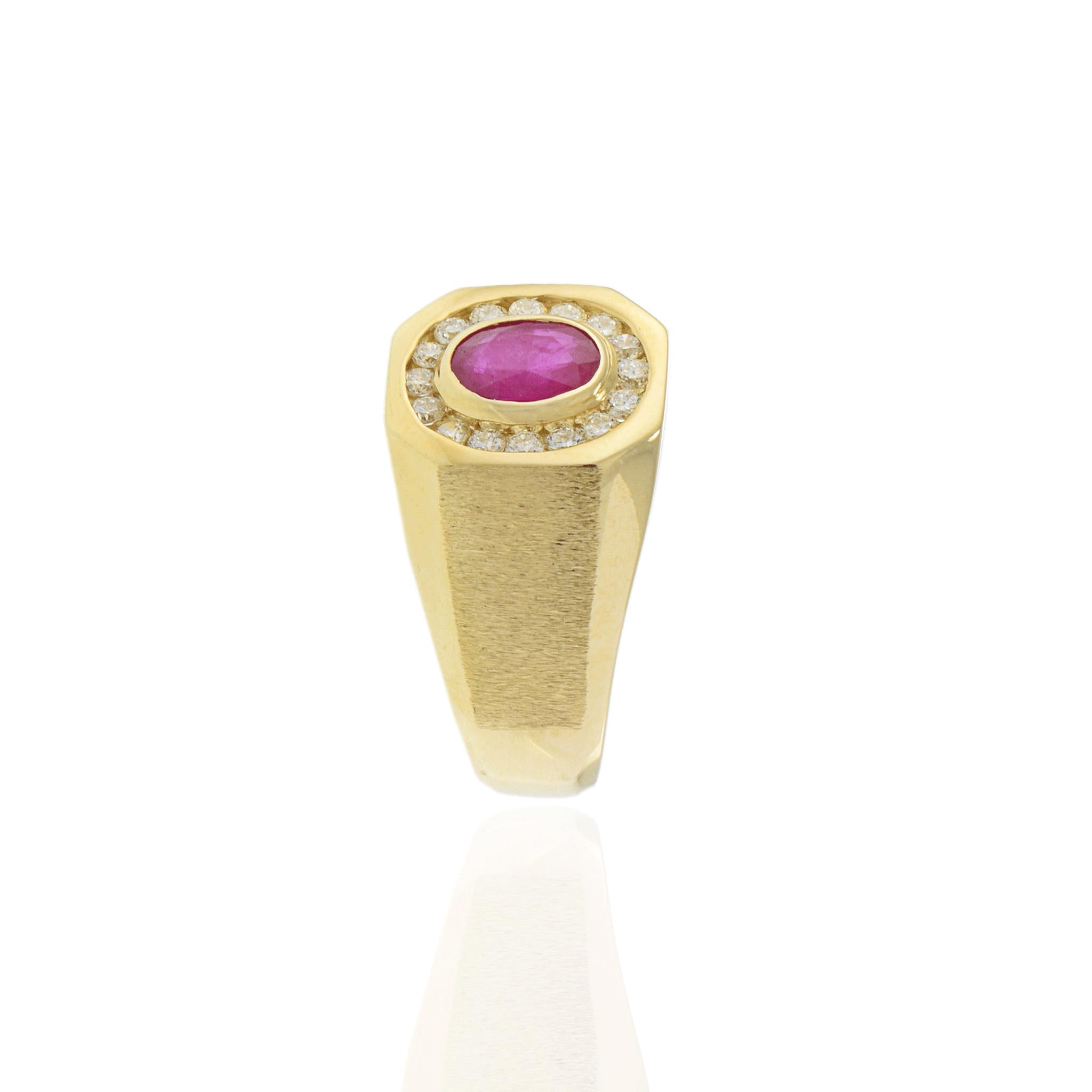 14KT Yellow Gold Oval Ruby and Diamond Satin Finish Men’s Ring