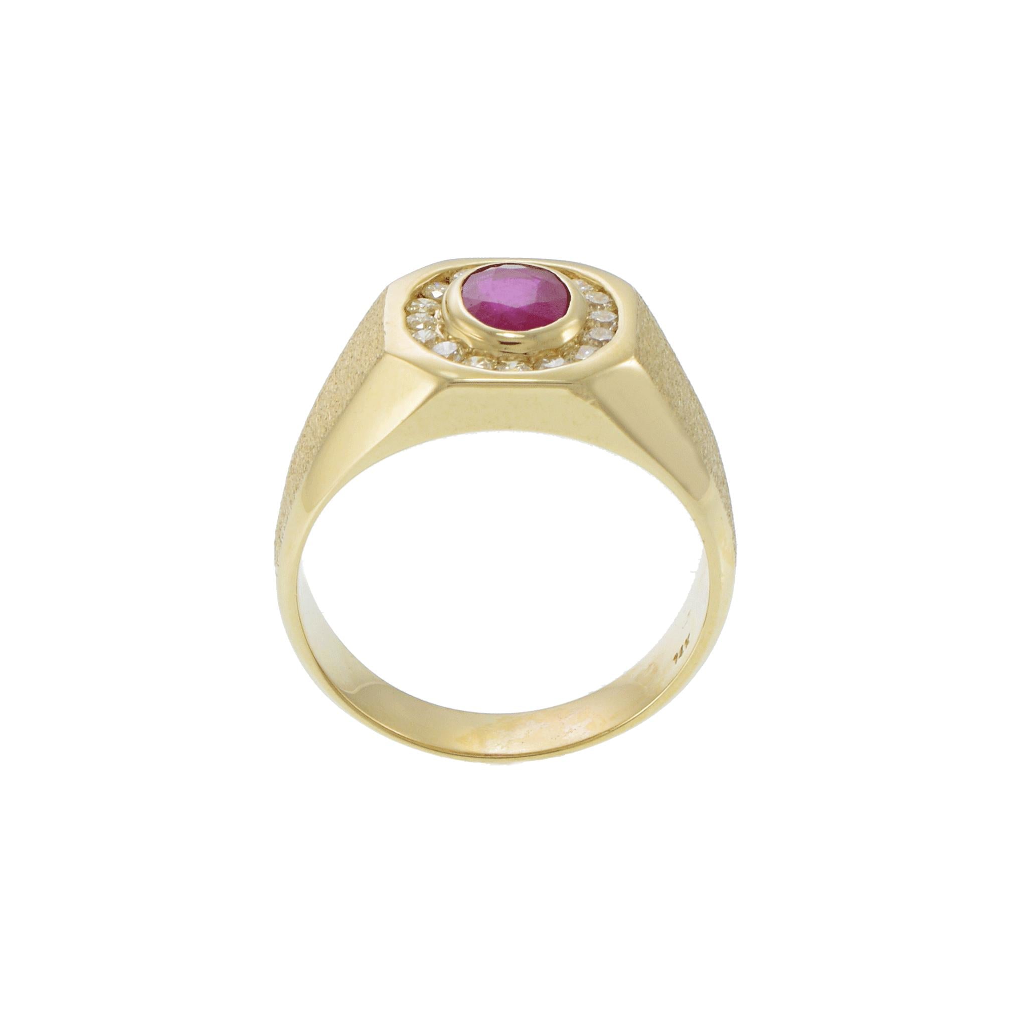 14KT Yellow Gold Oval Ruby and Diamond Satin Finish Men’s Ring