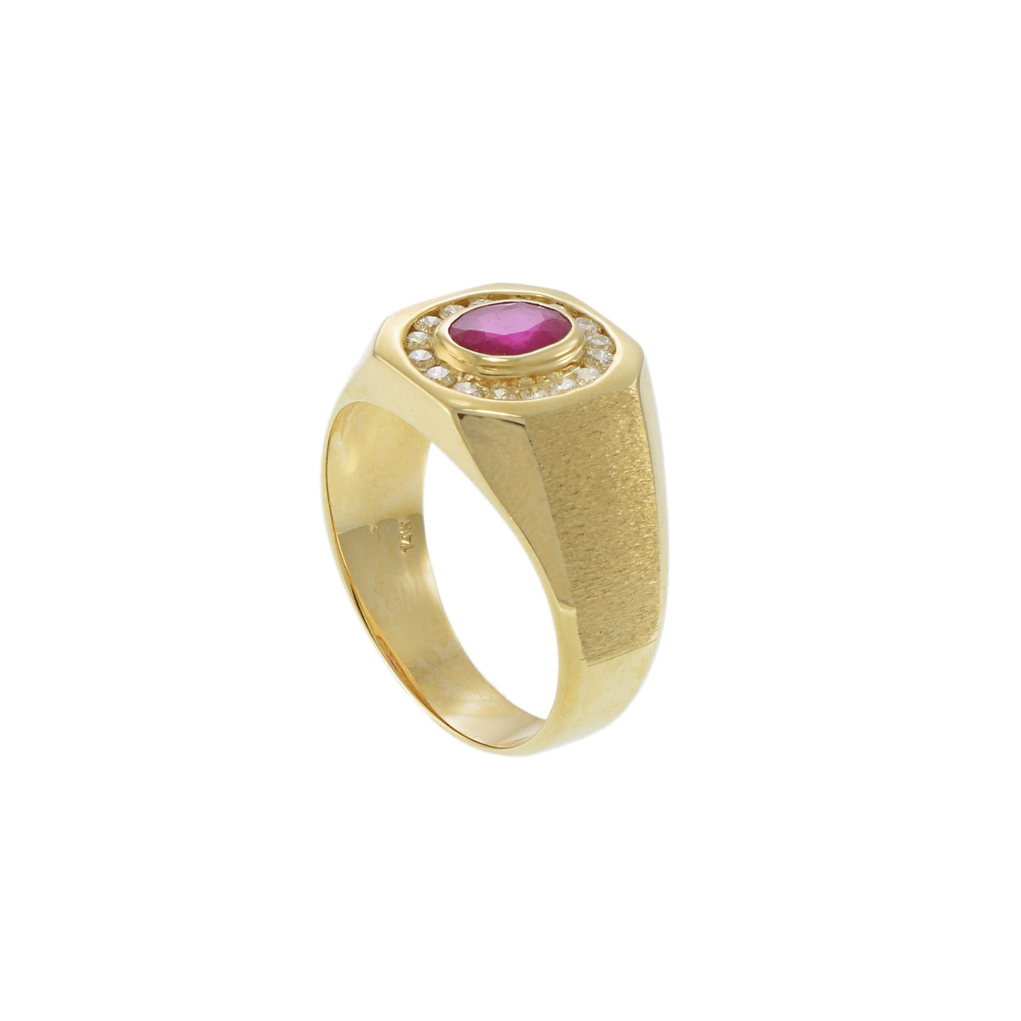 14KT Yellow Gold Oval Ruby and Diamond Satin Finish Men’s Ring