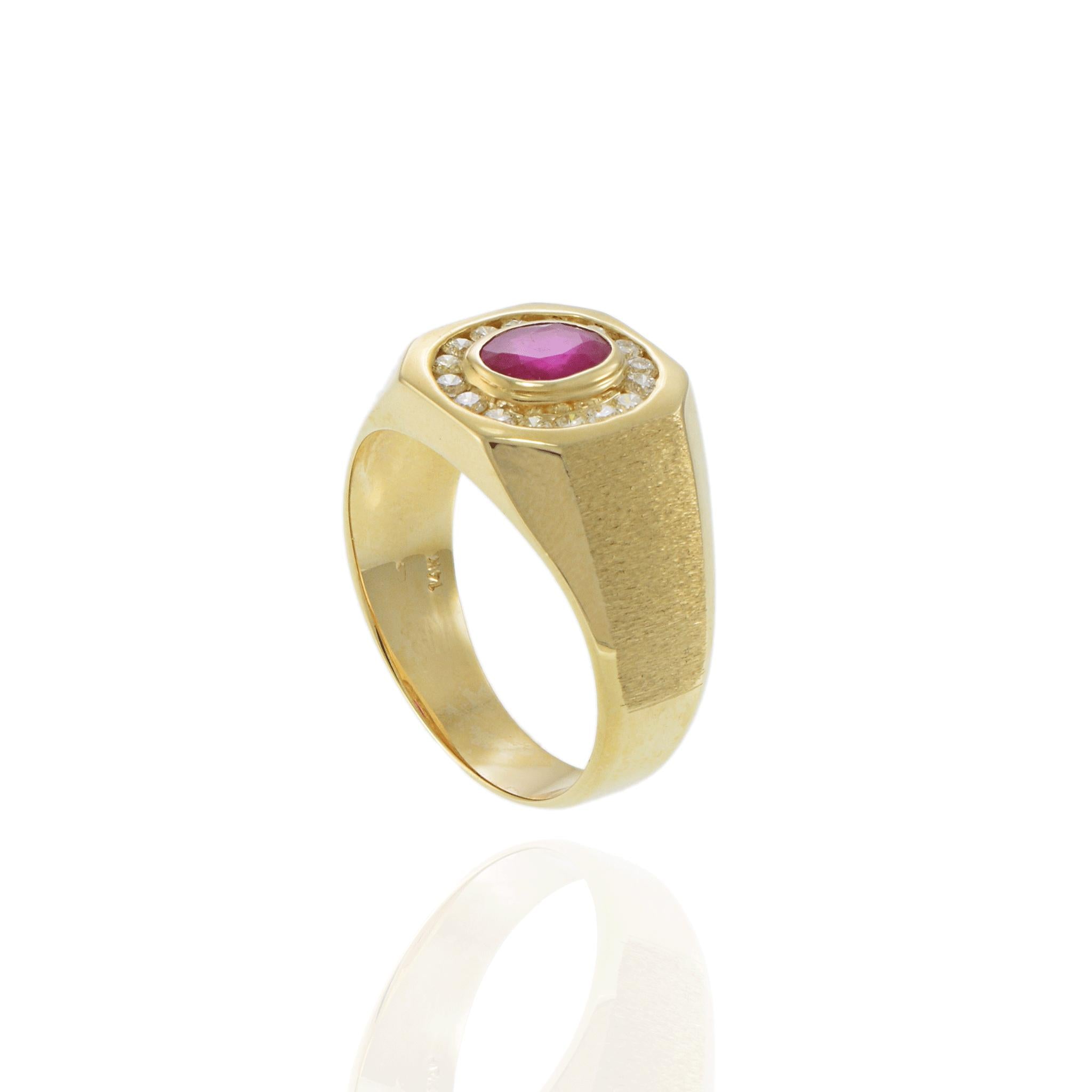 14KT Yellow Gold Oval Ruby and Diamond Satin Finish Men’s Ring